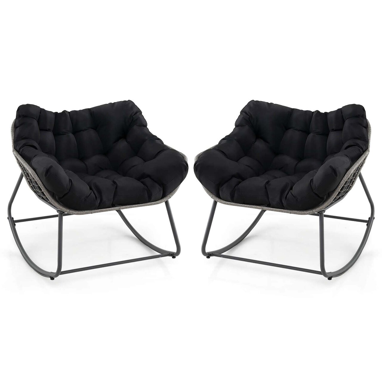Costway 1/2 PCS Outdoor Rocking Chair Oversized Patio PE Wicker Egg Chair Rattan Lounge Chair Black